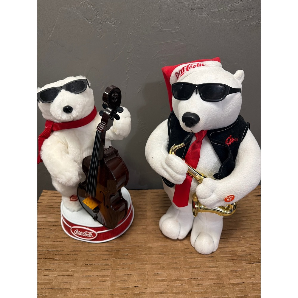 Coca-Cola Polar Bear Musical Plush Set Cello Bass Saxophone Christmas Decor